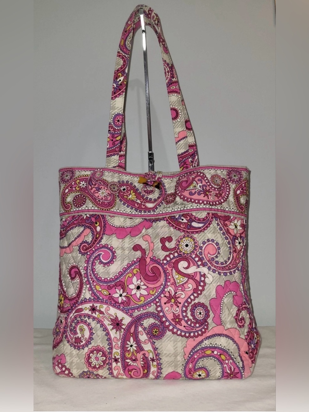 Vera Bradley Paisley Meets Plaid Tote Bag Pink Gray Quilted Shoulder Purse